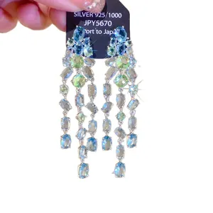 Elegant S925 silver blue and green zircon waterdrop tassel earrings for women fashion.
