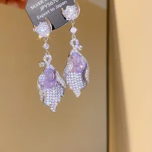 Elegant purple gourd drop earrings with sparkling zircon tassels on silver needle.
