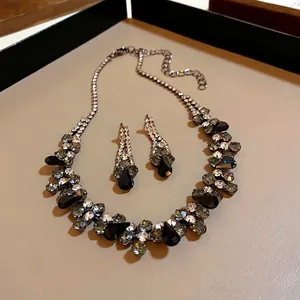 Luxury Copper Rhinestone Water Drop Jewelry Set With 925 Sterling Silver Earring Post Black Crystal Necklace Earrings Set For Women