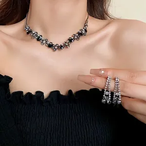 Elegant black water-drop crystal necklace and matching earrings jewelry set for women