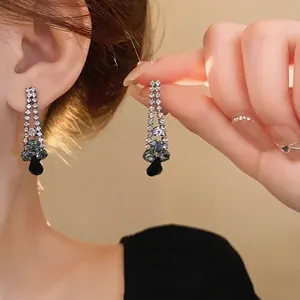 Elegant black teardrop crystal earrings with sparkling double-row rhinestones