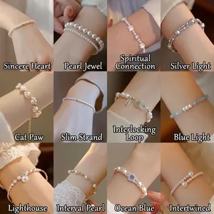 Twelve elegant French style pearl bracelets with various designs shown in a 12-grid display