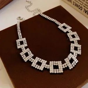 Sparkling rhinestone double-layered square geometric necklace with silver-tone finish