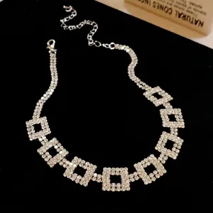 Double strand rhinestone square geometric necklace with elegant silver finish for women