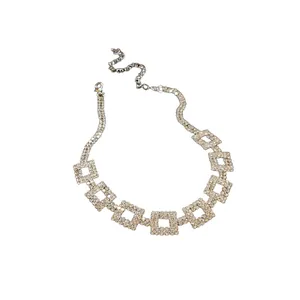 Double-layered silver-toned square geometric rhinestone choker necklace for women