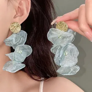 Elegant light blue chiffon flower tassel earrings featuring hammered gold studs for women