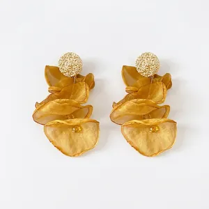 Elegant golden chiffon flower tassel earrings with textured round metallic studs