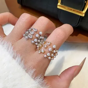 Luxury Multi-Layer Open Ring With Zirconia And Artificial Pearl Inlaid Copper Gold Silver Color Fashion Jewelry For Women