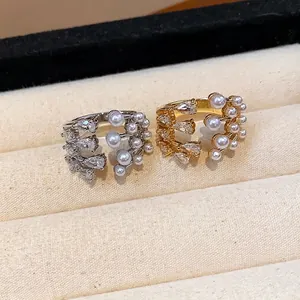 Elegant zircon and pearl multi-layer open ring in gold and silver finishes