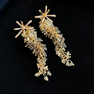 Detailansicht goldfarbener Schneeflocken-Ohrringe mit kaskadierenden Kristallquasten.