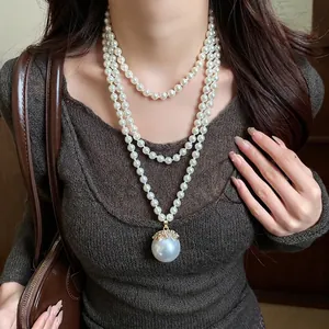 French Vintage Multi-layer Artificial Pearl Necklace For Women Elegant Rhinestone Inlaid Large Pearl Pendant Sweater Chain Jewelry