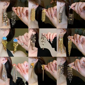 Boucles d'Oreilles Pendantes Gland Paillettes Bohème Cuivre Strass Perle Artificielle Tige en Argent Bijoux Femme Fête