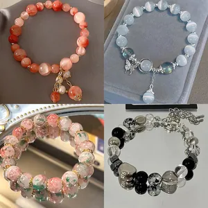 Semplice Braccialetto di Perline in Pietra Occhio di Gatto alla Moda per Donna Estetica Strass Cristallo Portafortuna Gioielli Regalo