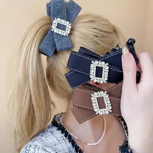 Elegant Rhinestone Fabric Bowknot Banana Clip For Women Elegant Hair Accessories Solid Color Vertical Hair Clip For Ponytail Styling
