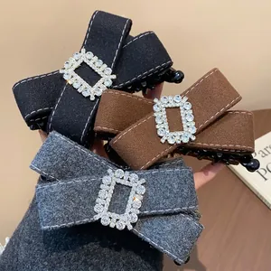Elegant rhinestone bow banana hair clips set for women in black brown and grey fabric finish