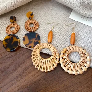 Ethnic Style Wooden Beads Woven Round Hoop Earrings Vintage Vacation Retro Handmade Small Design Fashion Jewelry For Women