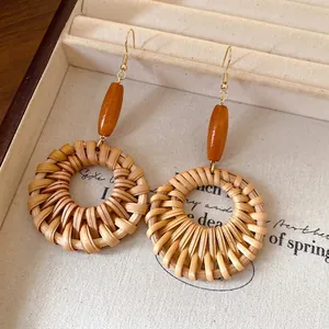 Vintage handmade ethnic woven rattan round drop earrings with natural wooden beads
