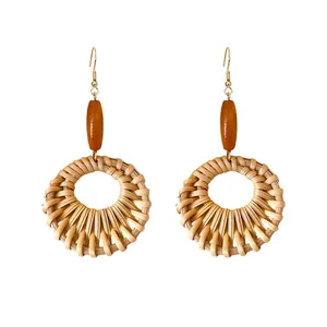 Handmade ethnic style woven rattan and wooden bead circular drop earrings for women