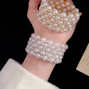 Vintage French style multi-layer pearl bracelet with sparkly rhinestone accents for women
