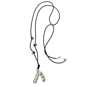 Long sweater chain necklace featuring silver peanut and pearl pea pod pendants