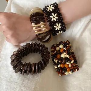Bohemian ethnic wood bead flower stackable bracelets set for women's fashion jewelry