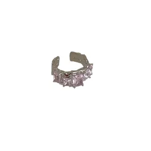 Elegant silver hammered open ring featuring pink rectangular zircon stones in a Korean fashion design.