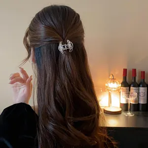 Elegante molla per capelli in metallo argento con perla su lunghi capelli castani