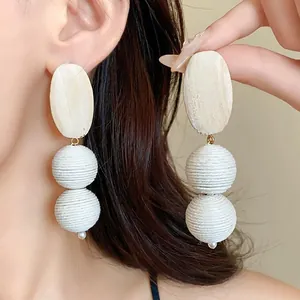 Handmade boho wood and white thread-wrapped double bead drop earrings for women jewelry