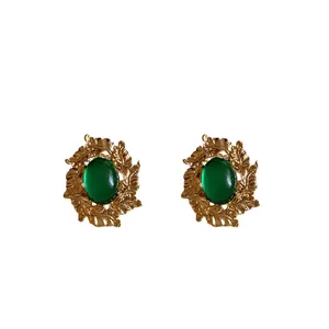 Vintage gold leaf wreath earrings with oval green emerald stone and silver needle