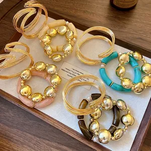 Fashion Alloy Acrylic Artificial Pearl Bracelet Set For Women Gold Plated Geometric Round Bead Elastic Bracelet Trendy Jewelry Gift