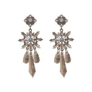 Elegant silver needle chandelier earrings with crystal flower and teardrop pendants for women