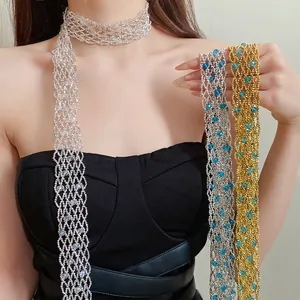 Retro European Glass Beaded Hollow Long Necklace Tassel Hand Woven Mesh Sweater Chain For Women Vintage Jewelry Accessories Gift