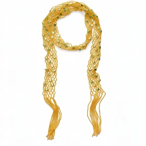 Retro gold glass beaded hollow long necklace with green accents jewelry for women