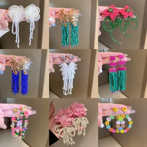 Boho Vintage Stoff Blumen Quasten Ohrringe Für Damen Silber Ohrringpfosten Künstliche Perlen Mehrfarbig Strass Schmuck