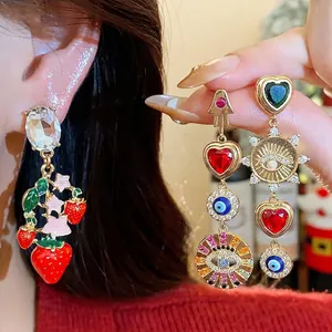 Pastorale Legierung Strass Erdbeere Herz Ohrringe Mit 925 Sterling Silber Ohrstecker-Stift Böser Blick Hamsa Hand Damen Schmuck