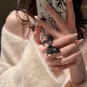 Elegant black butterfly open ring for women, stylish adjustable index finger jewelry