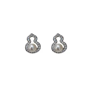 Elegant gourd-shaped silver stud earrings with sparkling zircons and white pearls