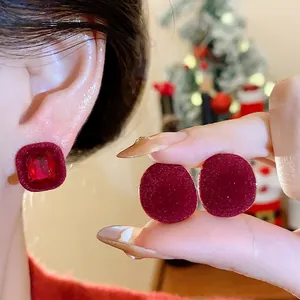 Vintage Red Flocked Alloy Rhinestone Geometric Stud Earrings With 925 Sterling Silver Earring Post Elegant Festive Wedding Party Women Jewelry