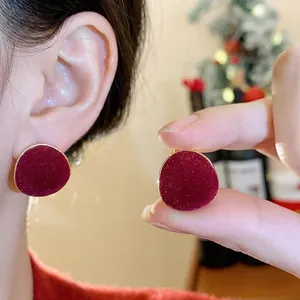 Elegant burgundy flocked geometric round stud earrings for women featuring silver pins