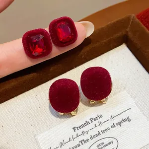 Elegant red velvet flocked geometric stud earrings with sparkling red crystals for women.
