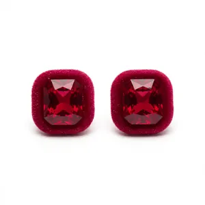 Elegant red velvet wrapped geometric crystal stud earrings with S925 silver pins