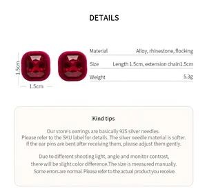 Detailed specifications and tips for red flocking rhinestone geometric stud earrings.