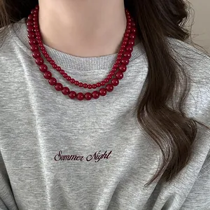 Vintage Ankara Red Glass Bead Pendant Necklace For Women Elegant Double Layer Silver Tone Chain Sweater Chain Jewelry