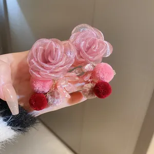 Mesh Flower Drop Earrings Rose Pom Pom Resin Petals Sweet Elegant Fashion Jewelry With Silver Earring Post For Women