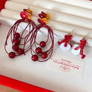 Retro Hong Kong Style Acrylic Geometric Beaded Tassel Earrings For Women Elegant Silver Earring Post Red Dangle Earrings