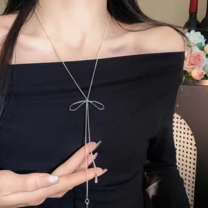 Minimalist silver bow tassel adjustable necklace for women elegant stylish choker jewelry