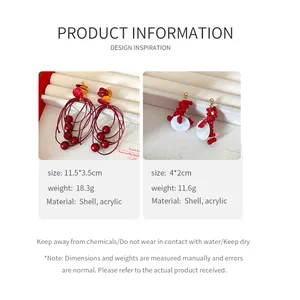 Detail view showing product specifications for red acrylic and shell beaded earrings