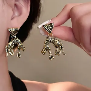 Vintage Leopard Panther Drop Earrings Alloy Triangle Retro Style Geometric Dangle Earrings With Silver Earring Post For Women