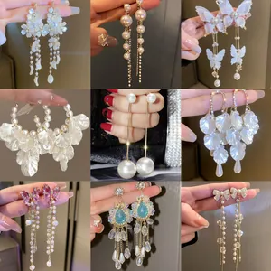 French Elegant Floral Tassel Zirconia Artificial Pearl Drop Earrings For Women Stainless Steel Post Wedding Jewelry