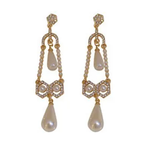 Elegant French style gold drop earrings with teardrop pearls and pavé rhinestones.
